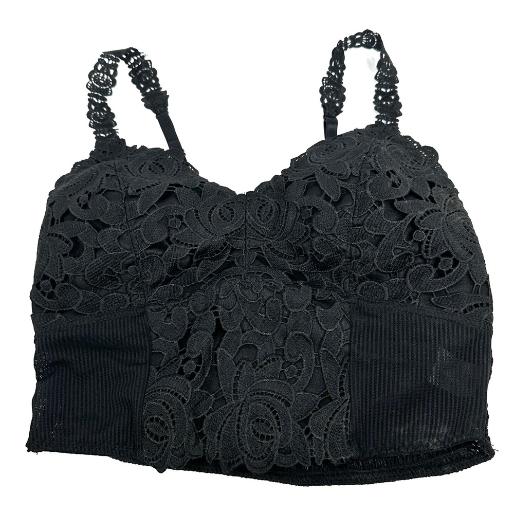 BKE Essentials Womens Black Lace Bralette Smocked Back Crop Top Medium 3084-BRK - Picture 2 of 7